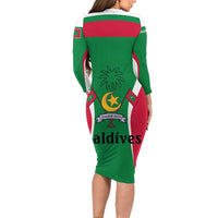 Maldives National Flag and Emblem Long Sleeve Bodycon Dress with Green Red White Colorblock Design