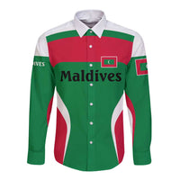 Maldives National Flag and Emblem Long Sleeve Button Shirt with Green Red White Colorblock Design