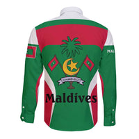 Maldives National Flag and Emblem Long Sleeve Button Shirt with Green Red White Colorblock Design