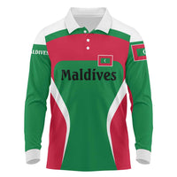 Maldives National Flag and Emblem Long Sleeve Polo Shirt with Green Red White Colorblock Design