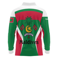 Maldives National Flag and Emblem Long Sleeve Polo Shirt with Green Red White Colorblock Design