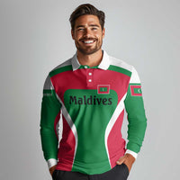 Maldives National Flag and Emblem Long Sleeve Polo Shirt with Green Red White Colorblock Design