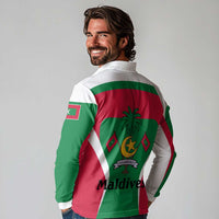 Maldives National Flag and Emblem Long Sleeve Polo Shirt with Green Red White Colorblock Design