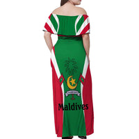 Maldives National Flag and Emblem Off Shoulder Maxi Dress with Green Red White Colorblock Design