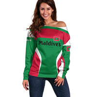 Maldives National Flag and Emblem Off Shoulder Sweater with Green Red White Colorblock Design