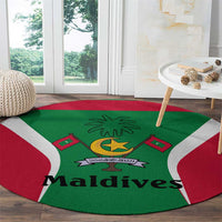 Maldives National Flag and Emblem Round Carpet with Green Red White Colorblock Design