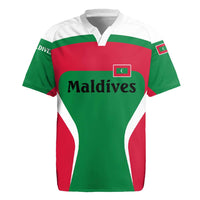 Maldives National Flag and Emblem Rugby Jersey with Green Red White Colorblock Design