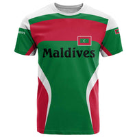 Maldives National Flag and Emblem T Shirt with Green Red White Colorblock Design