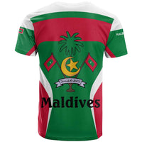 Maldives National Flag and Emblem T Shirt with Green Red White Colorblock Design
