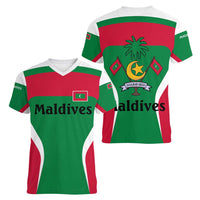 Maldives National Flag and Emblem Women V-Neck T-Shirt with Green Red White Colorblock Design