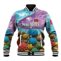 Maldives Coral Reef Ocean Print Baseball Jacket with Underwater Pastel Blue and Purple Design