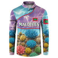 Maldives Coral Reef Ocean Print Button Sweatshirt with Underwater Pastel Blue and Purple Design