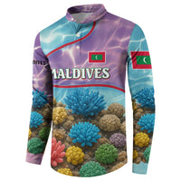 Maldives Coral Reef Ocean Print Button Sweatshirt with Underwater Pastel Blue and Purple Design