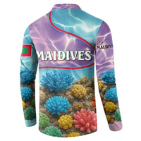 Maldives Coral Reef Ocean Print Button Sweatshirt with Underwater Pastel Blue and Purple Design