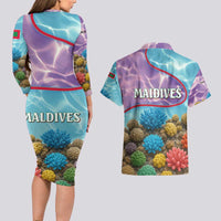 Maldives Coral Reef Ocean Print Couples Matching Long Sleeve Bodycon Dress and Hawaiian Shirt with Underwater Pastel Blue and Purple Design