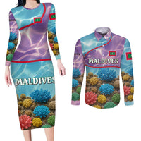 Maldives Coral Reef Ocean Print Couples Matching Long Sleeve Bodycon Dress and Long Sleeve Button Shirt with Underwater Pastel Blue and Purple Design
