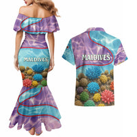 Maldives Coral Reef Ocean Print Couples Matching Mermaid Dress and Hawaiian Shirt with Underwater Pastel Blue and Purple Design