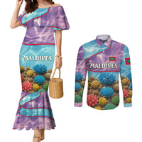 Maldives Coral Reef Ocean Print Couples Matching Mermaid Dress and Long Sleeve Button Shirt with Underwater Pastel Blue and Purple Design