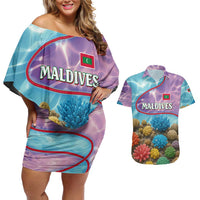 Maldives Coral Reef Ocean Print Couples Matching Off Shoulder Short Dress and Hawaiian Shirt with Underwater Pastel Blue and Purple Design