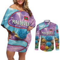 Maldives Coral Reef Ocean Print Couples Matching Off Shoulder Short Dress and Long Sleeve Button Shirt with Underwater Pastel Blue and Purple Design