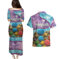 Maldives Coral Reef Ocean Print Couples Matching Puletasi and Hawaiian Shirt with Underwater Pastel Blue and Purple Design