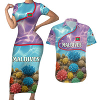 Maldives Coral Reef Ocean Print Couples Matching Short Sleeve Bodycon Dress and Hawaiian Shirt with Underwater Pastel Blue and Purple Design