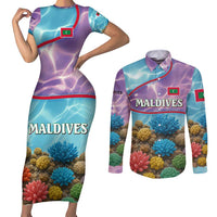 Maldives Coral Reef Ocean Print Couples Matching Short Sleeve Bodycon Dress and Long Sleeve Button Shirt with Underwater Pastel Blue and Purple Design