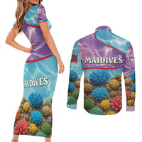Maldives Coral Reef Ocean Print Couples Matching Short Sleeve Bodycon Dress and Long Sleeve Button Shirt with Underwater Pastel Blue and Purple Design