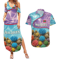 Maldives Coral Reef Ocean Print Couples Matching Summer Maxi Dress and Hawaiian Shirt with Underwater Pastel Blue and Purple Design