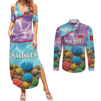 Maldives Coral Reef Ocean Print Couples Matching Summer Maxi Dress and Long Sleeve Button Shirt with Underwater Pastel Blue and Purple Design