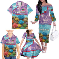 Maldives Coral Reef Ocean Print Family Matching Off The Shoulder Long Sleeve Dress and Hawaiian Shirt with Underwater Pastel Blue and Purple Design