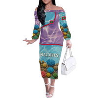 Maldives Coral Reef Ocean Print Family Matching Off The Shoulder Long Sleeve Dress and Hawaiian Shirt with Underwater Pastel Blue and Purple Design