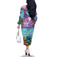 Maldives Coral Reef Ocean Print Family Matching Off The Shoulder Long Sleeve Dress and Hawaiian Shirt with Underwater Pastel Blue and Purple Design