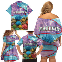 Maldives Coral Reef Ocean Print Family Matching Off Shoulder Short Dress and Hawaiian Shirt with Underwater Pastel Blue and Purple Design