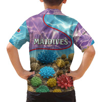 Maldives Coral Reef Ocean Print Family Matching Puletasi and Hawaiian Shirt with Underwater Pastel Blue and Purple Design