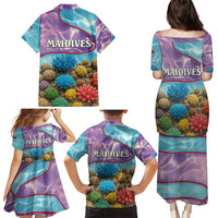 Maldives Coral Reef Ocean Print Family Matching Puletasi and Hawaiian Shirt with Underwater Pastel Blue and Purple Design