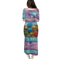 Maldives Coral Reef Ocean Print Family Matching Puletasi and Hawaiian Shirt with Underwater Pastel Blue and Purple Design