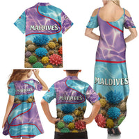 Maldives Coral Reef Ocean Print Family Matching Summer Maxi Dress and Hawaiian Shirt with Underwater Pastel Blue and Purple Design