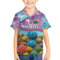 Maldives Coral Reef Ocean Print Family Matching Summer Maxi Dress and Hawaiian Shirt with Underwater Pastel Blue and Purple Design