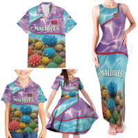 Maldives Coral Reef Ocean Print Family Matching Tank Maxi Dress and Hawaiian Shirt with Underwater Pastel Blue and Purple Design
