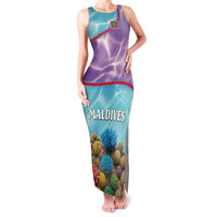 Maldives Coral Reef Ocean Print Family Matching Tank Maxi Dress and Hawaiian Shirt with Underwater Pastel Blue and Purple Design