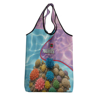 Maldives Coral Reef Ocean Print Grocery Bag with Underwater Pastel Blue and Purple Design