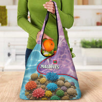 Maldives Coral Reef Ocean Print Grocery Bag with Underwater Pastel Blue and Purple Design