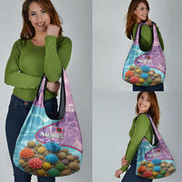 Maldives Coral Reef Ocean Print Grocery Bag with Underwater Pastel Blue and Purple Design