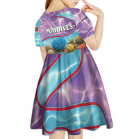 Maldives Coral Reef Ocean Print Kid Short Sleeve Dress with Underwater Pastel Blue and Purple Design