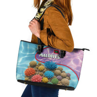 Maldives Coral Reef Ocean Print Leather Tote Bag with Underwater Pastel Blue and Purple Design