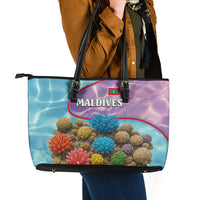 Maldives Coral Reef Ocean Print Leather Tote Bag with Underwater Pastel Blue and Purple Design
