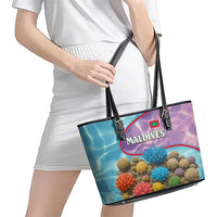 Maldives Coral Reef Ocean Print Leather Tote Bag with Underwater Pastel Blue and Purple Design