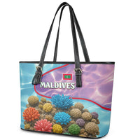 Maldives Coral Reef Ocean Print Leather Tote Bag with Underwater Pastel Blue and Purple Design