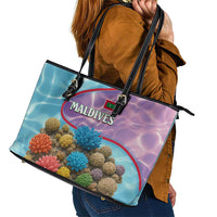 Maldives Coral Reef Ocean Print Leather Tote Bag with Underwater Pastel Blue and Purple Design